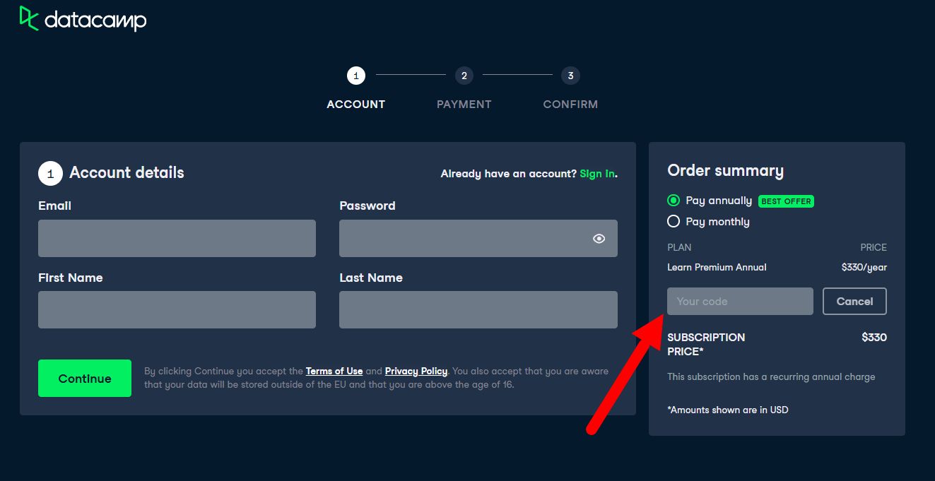 “How to apply a DataCamp promo code”